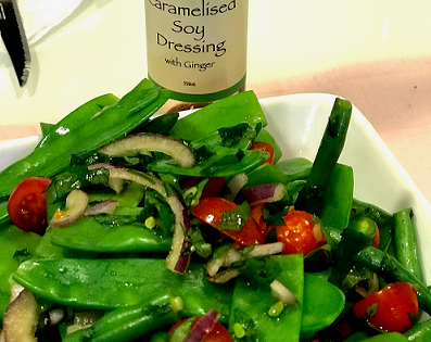 Snow Pea Salad with Caramelised Soy and Ginger Dressing