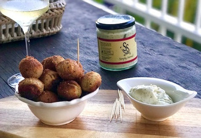 Fried Crumbed Olives, Filled with Feta and Served with Simply Stirred Aioli