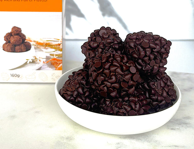 Chocolate Delite Bites in a white bowl with a product packaging in the background