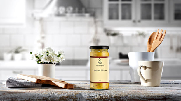 Simply Stirred Mustard Pickles jar displayed on beautiful kitchen bench 