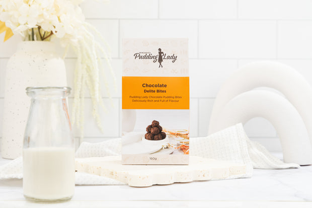 Delite Bites - small snack sized pudding bites with chocolate coating presented in beautiful Pudding Lady gift box