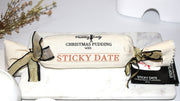 Sticky Date Pudding log wrapped in calico
