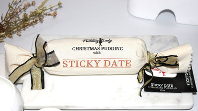 Sticky Date Pudding log wrapped in calico
