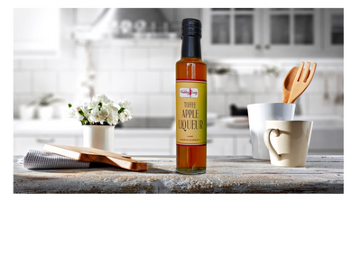 Bottle of Toffee Apple Liqueur on kitchen bench