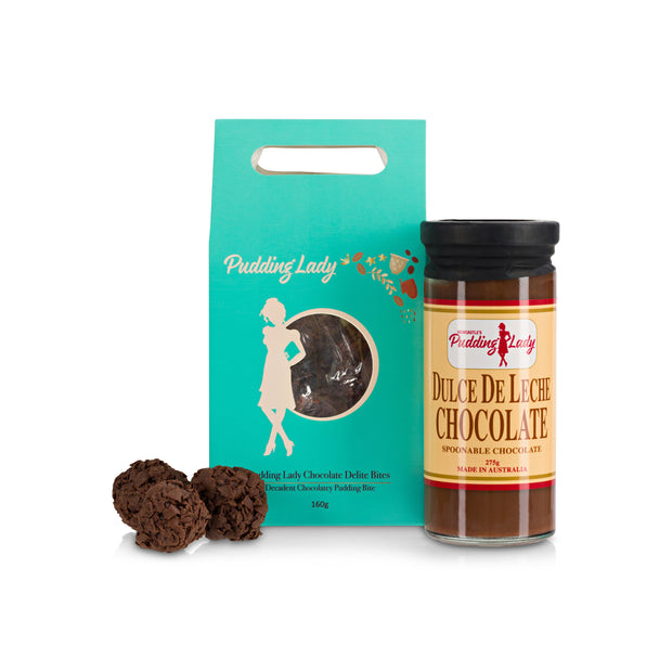 Beautiful Pudding Lady Chocolate Delite Bites shown with chocolate dipping sauce - perfect gift