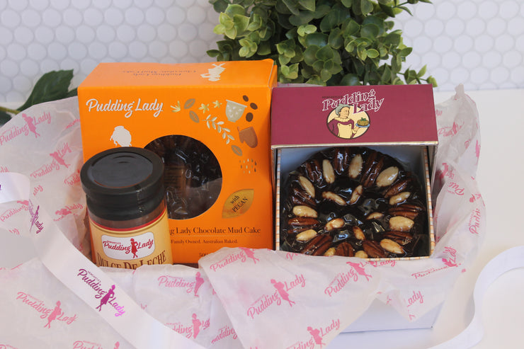 Choc Fruit cake & Choc Pecan Cake and Sauce in beautiful gift box by Pudding Lady 