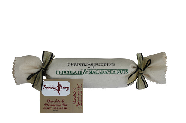 Chocolate and Macadamia Nut Log Pudding wrapped in calico