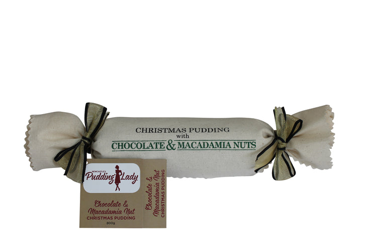 Chocolate and Macadamia Nut Log Pudding wrapped in calico