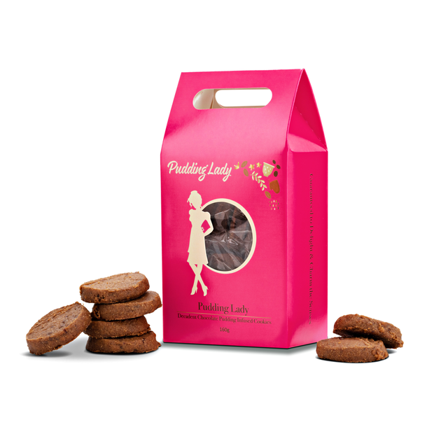 Yummy chocolate pudding cookies in beautiful packaging 