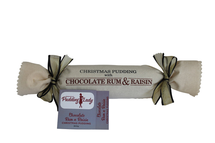 Chocolate Rum and Raisin Christmas Pudding 800g - Log in cloth