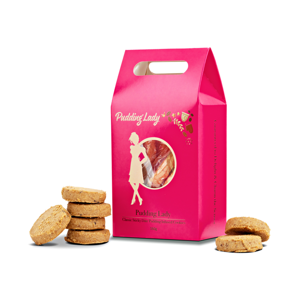 Yummy sticky date pudding cookies in beautiful packaging